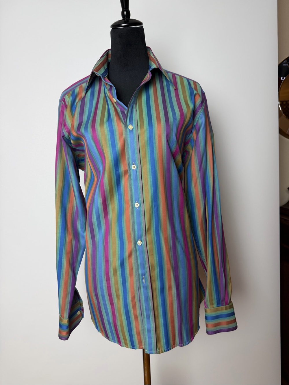 Men's Multicolor Vertical Stripe Button-Down Shirt - Blue/Purple/Green. Size 41